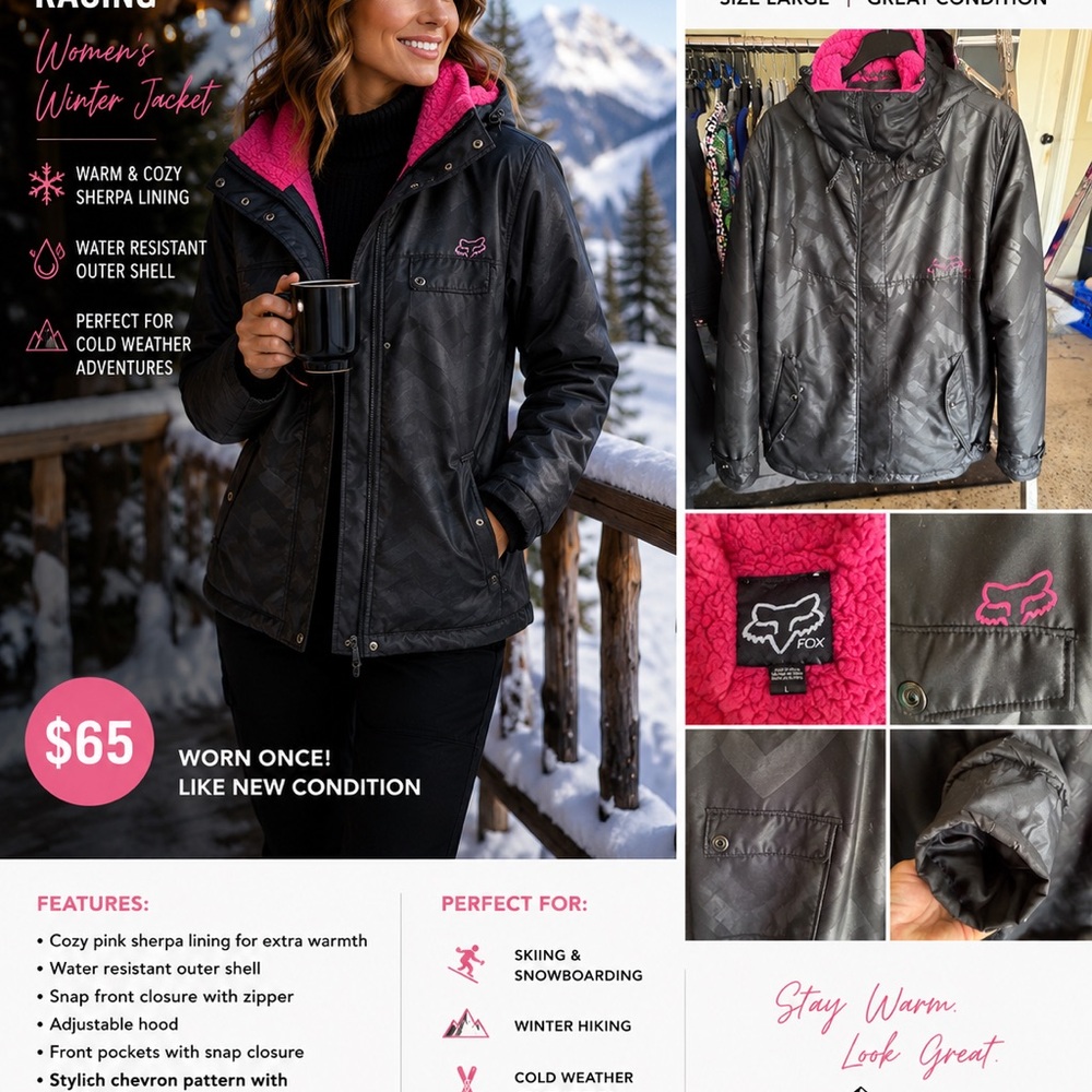 Fox Women's Black Puffer Jacket with Bright Pink Sherpa Hood